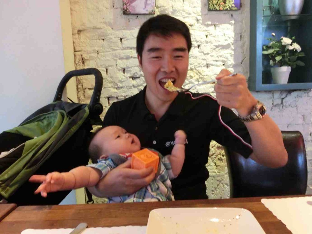 Poor Ethan...watching the food travel past his face but does not get to eat. 